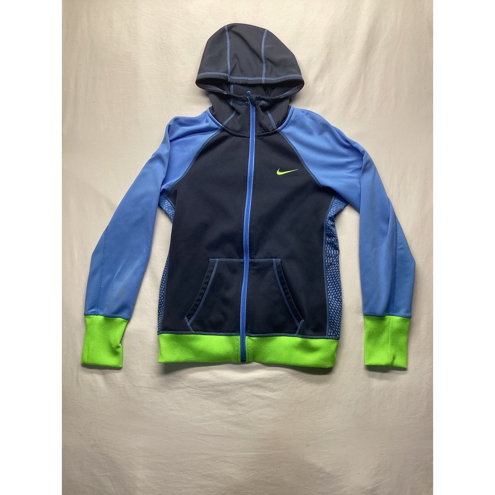Nike Therma-FIT Kids Full Zip Hoodie Blue Navy Neon Green Size M Medium